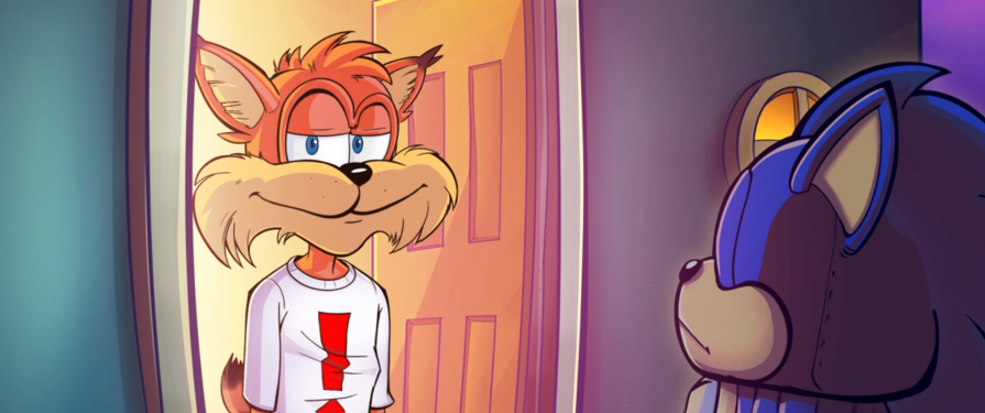Bubsy Awkwardly Stares at Kid in a Sonic Costume in new game trailer